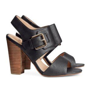H&M Black Leather-Look Block Heel Sandals with Wood-Tone Heel